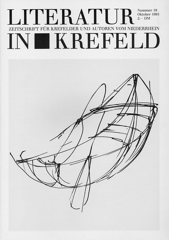 Titelblatt »Literatur in Krefeld«, Ausgabe Nr. 19, Oktober 1991, mit einer Zeichnung von Klaus-Peter Noever. © Klaus-Peter Noever und Düsselberg Druck