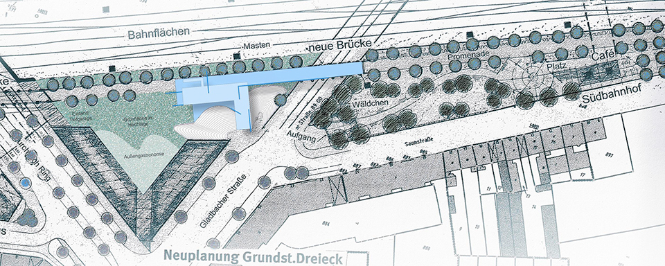 Umgebungsplan Museumsfragment D am Südbahnhof. © Klaus Gärtner. Karte: © Stadt Krefeld, der Oberbürgermeister, Vermessungs-und Katasterwesen