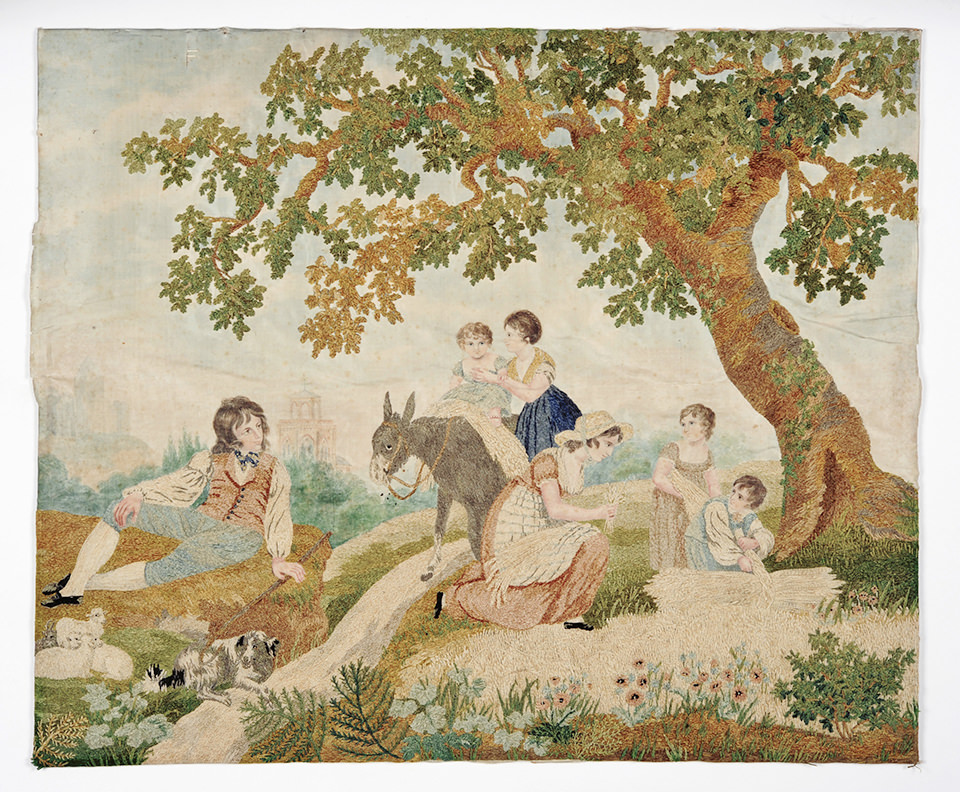 Bild in Mischtechnik aus Chenillestickerei und Malerei auf Seidengrund, frühes 19. Jahrhundert. Foto: Deutsches Textilmuseum Krefeld