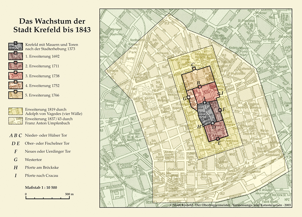 Das Wachstum der Stadt Krefeld (Ausschnitt). © Stadt Krefeld, der Oberbürgermeister, Vermessungs- und Katasterwesen, 2003